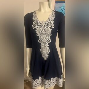 Elegant Navy Dress with White Embroidered Detail